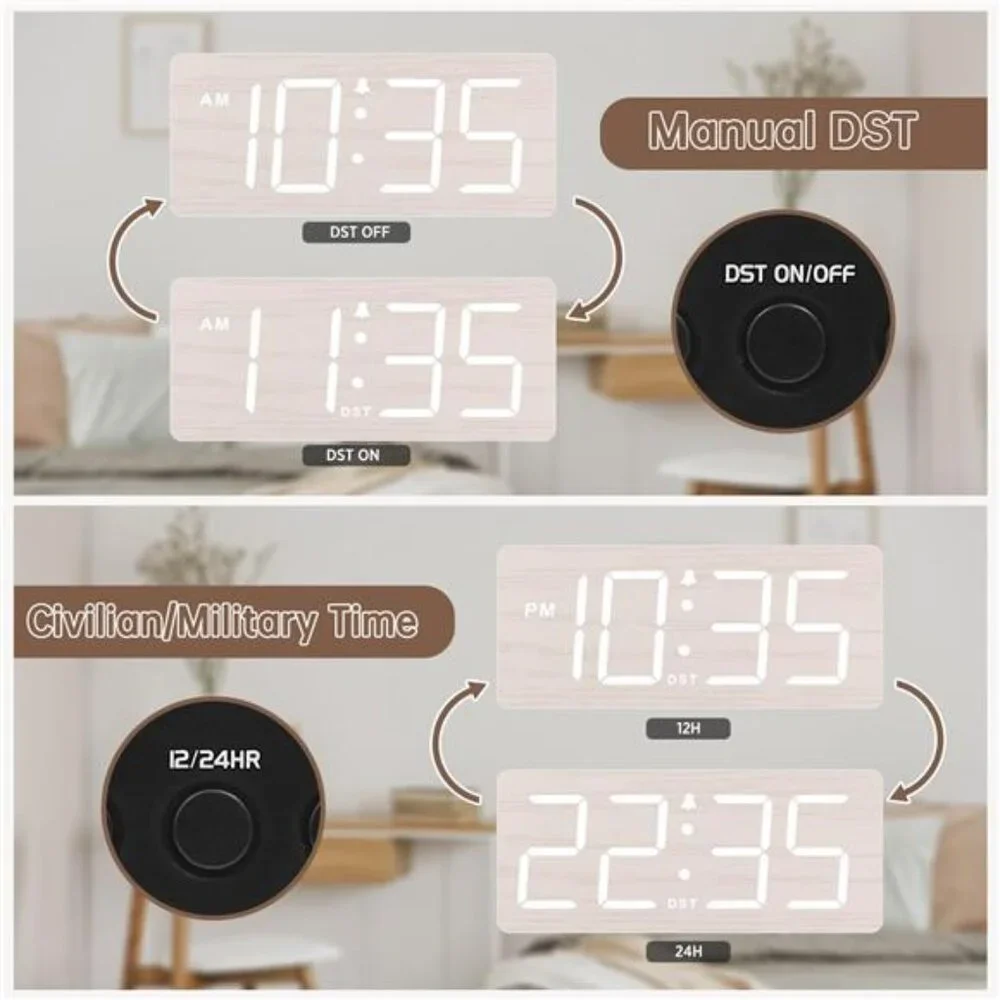 Wooden digital alarm clock large numbers loud alarm dimmer bedside plug in desk